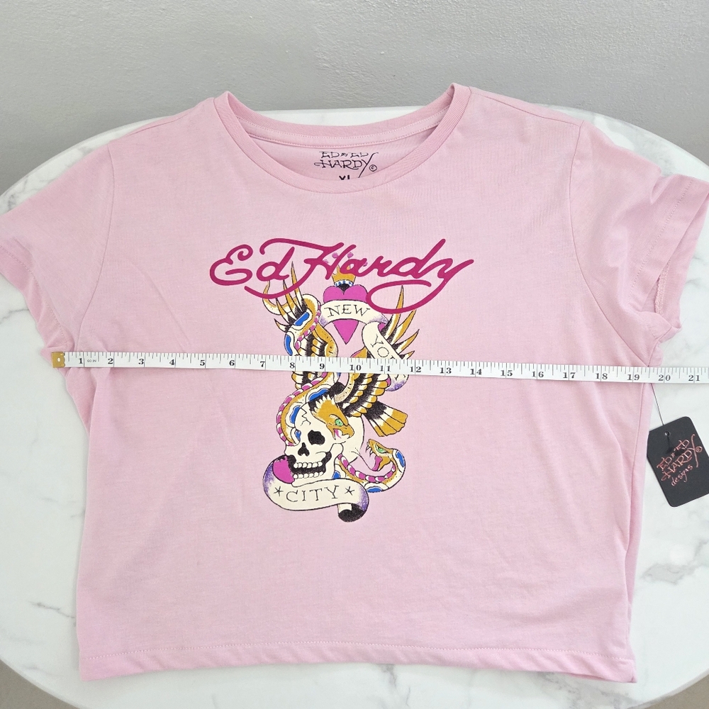Y2K Ed Hardy Light Pink Snake Skull Tattoo Graphic Art XLarge Cropped Tee NYC - Picture 11 of 15